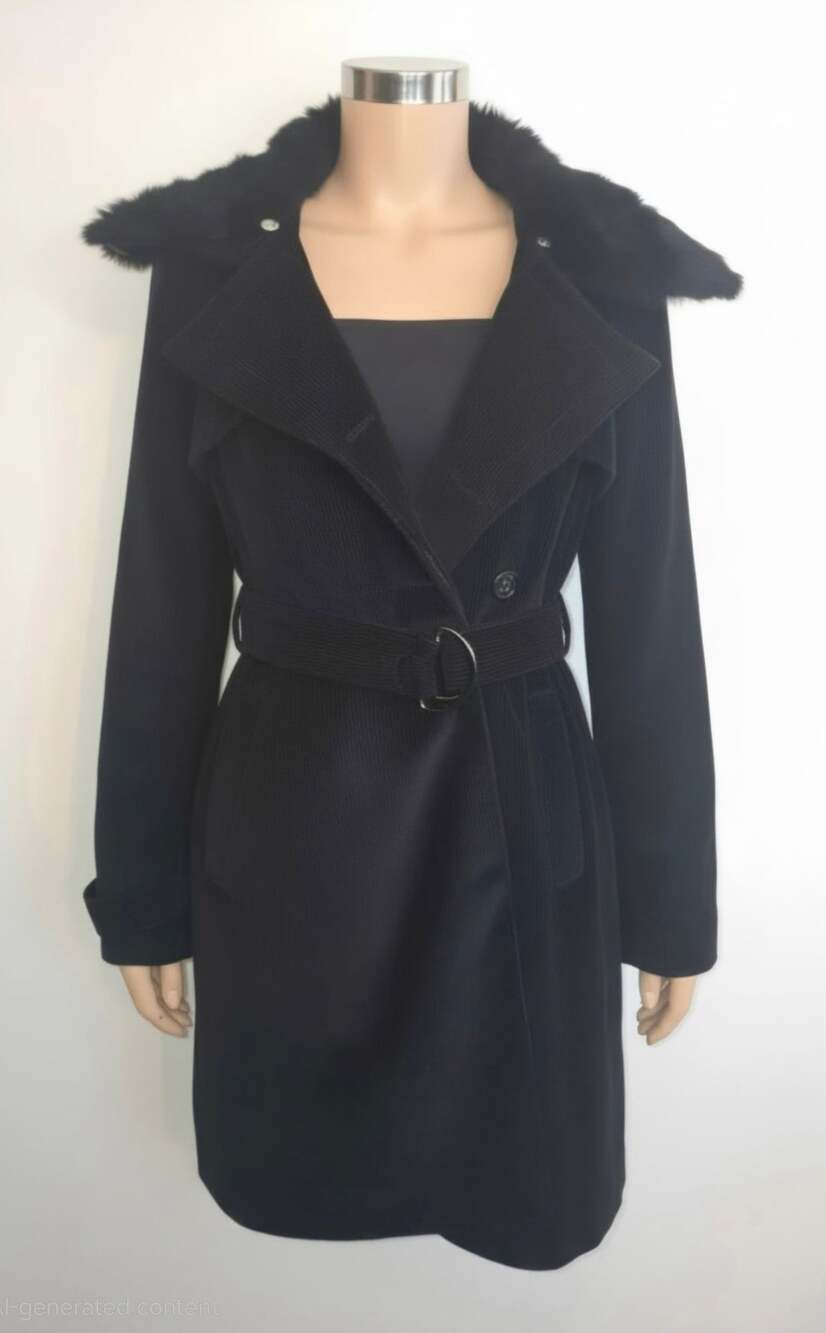 Bebe Corduroy Trench Coat Black Real Fur Collar Y2K